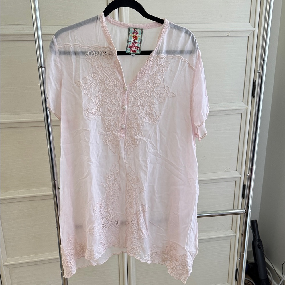 Johnny Was Pale Pink Embroidered V-Neck Tunic